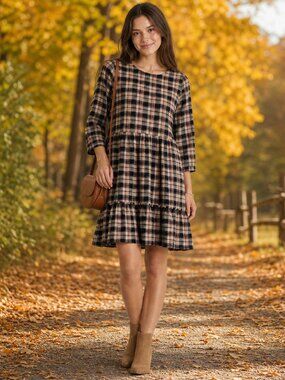 LOFT Plaid Ruffle‑Hem Mini Dress – Black Cream Tan – Size Small – EUC